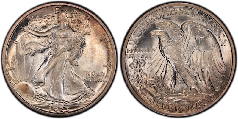 1923-S Walking Liberty half dollar sharp vs. weak strike comparison — Liberty's hand detail