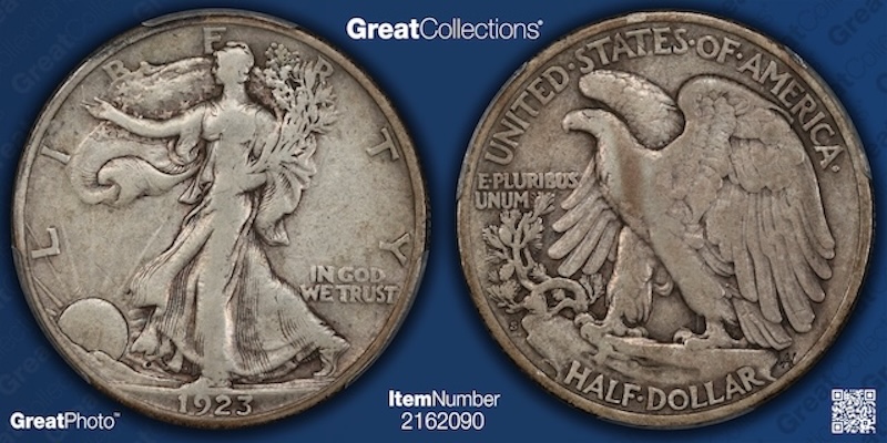 1923-S Walking Liberty Half Dollar sharp-strike premium example — close-up of Liberty's defined hand and eagle's crisp feathers